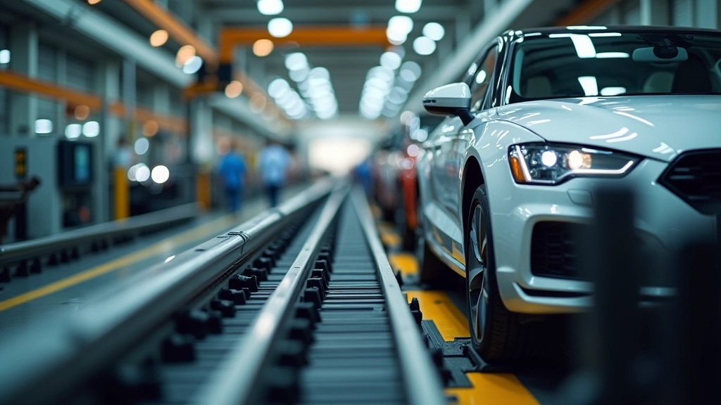 Automobilproduktion in modernem Werk mit Robotern und Fließband