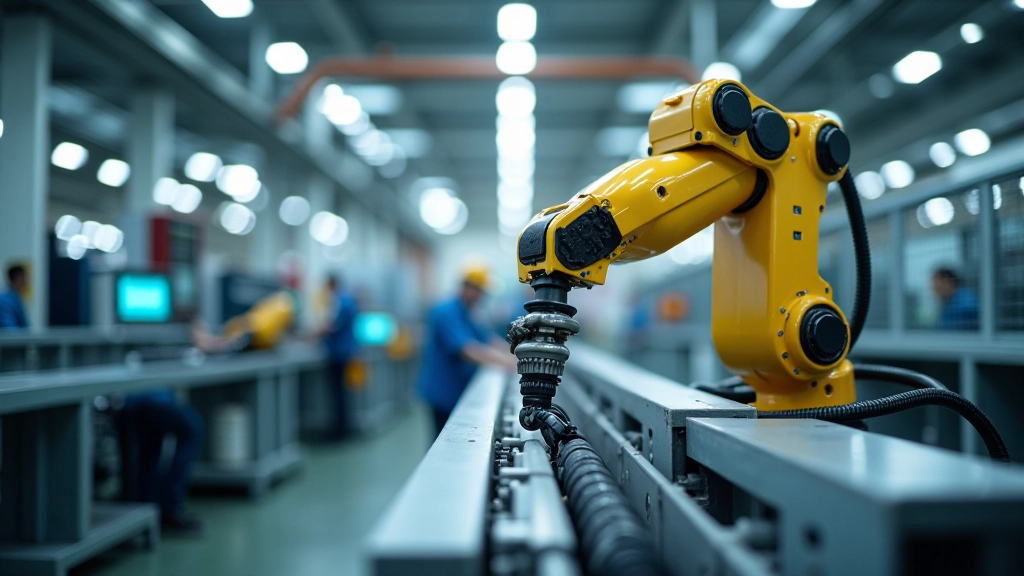 Automobilproduktion mit Robotern und Fließband in modernem Werk