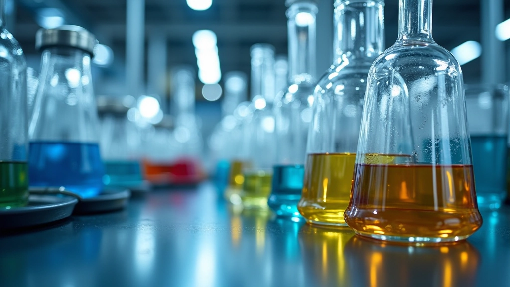 Chemische Produktion mit Reaktoren und farbigen Flüssigkeiten in modernem Labor