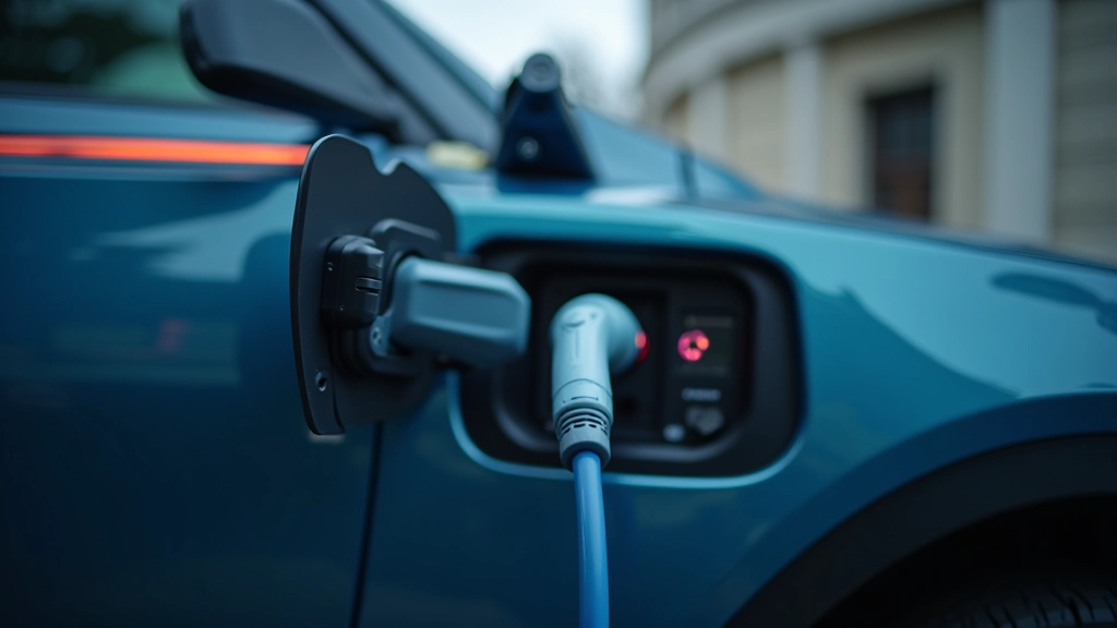 Elektrisches Fahrzeug mit leuchtenden Ladestecker, symbolisch für grüne Mobilität