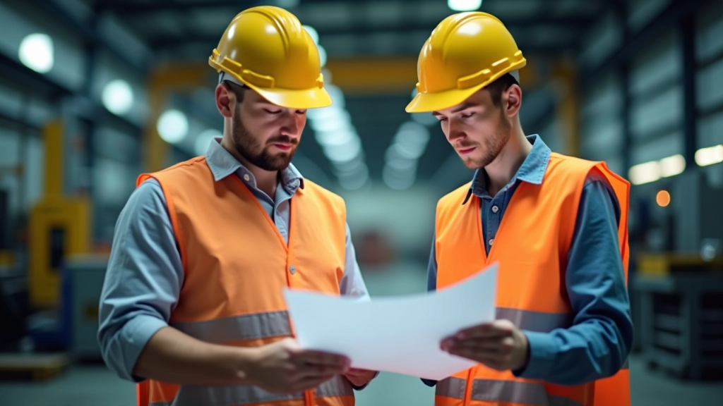 Ingenieurfachleute besprechen sich vor großen industriellen Anlagen und Bauplänen