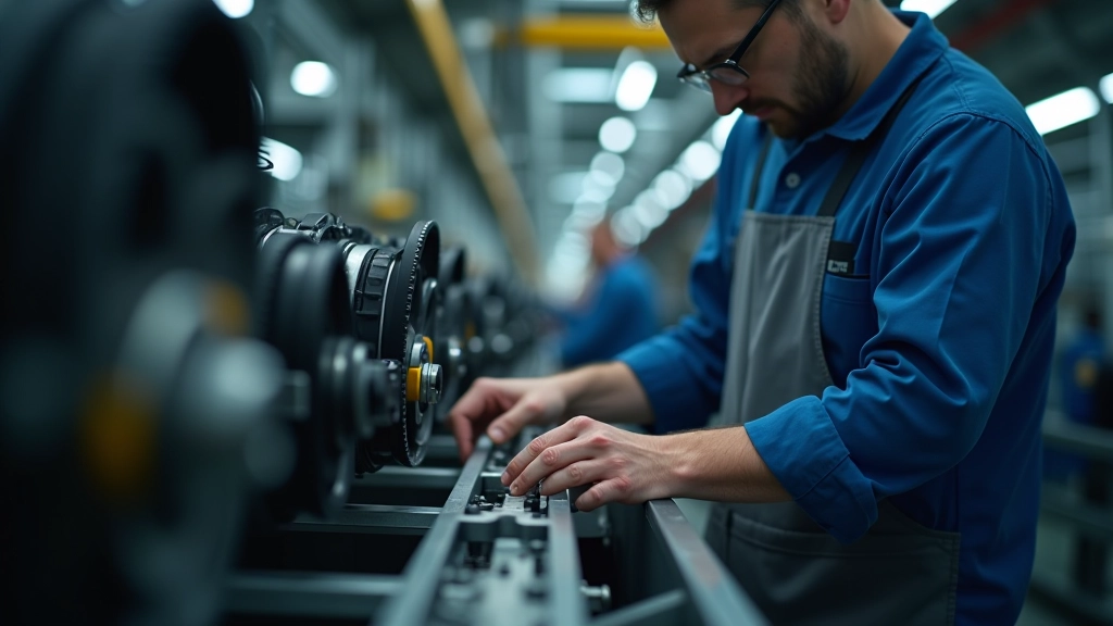 Moderner Fabrikarbeiter bei der Kontrolle von Fahrzeugkomponenten an Produktionslinie