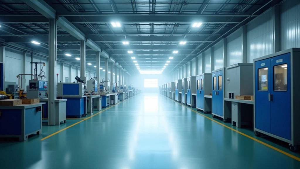 Moderne Industrieanlage mit Produktionshallen, helles Tageslicht, breite Perspektive