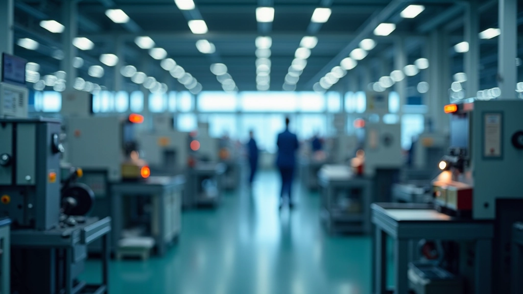 Moderne Fabrikhalle mit Robotern und Montagelinien, helles LED-Licht, professionelle Industriefotografie, scharfer Fokus