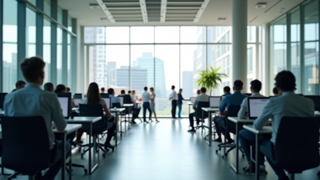 Modernes Bürogebäude mit Glasfassade und Finanzfachleuten, Geschäftsviertel bei Tageslicht, professionelle Umgebung