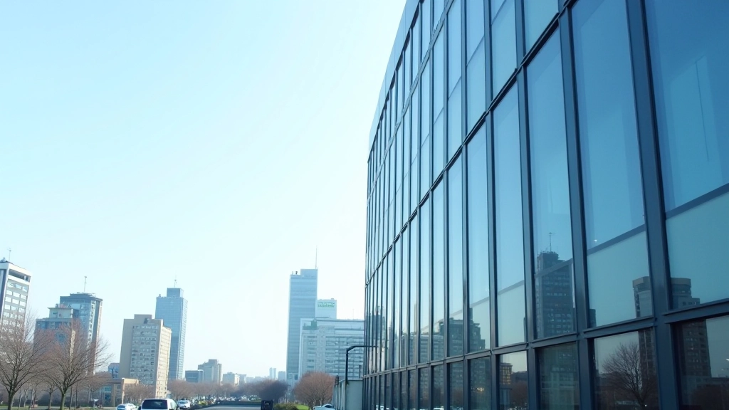 Bürogebäude mit Glasfassade, modernes Geschäftsviertel, klarer Himmel