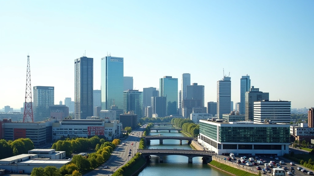 Moderne Bürogebäude und Industrieanlagen in Frankfurt am Main, Deutschland, mit blauem Himmel und Finanzdistrikt