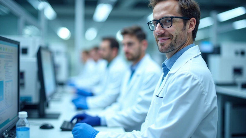 Forschungslabor mit Wissenschaftlern und technischer Ausrüstung, moderne Laborumgebung, helle Beleuchtung, professionelle Atmosphäre