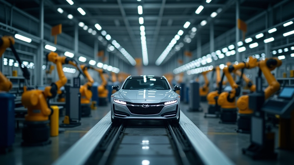 Moderne Autofabrik mit Produktionslinie und Robotern