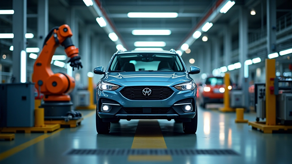 Moderne Autofabrik mit Produktionslinie und Robotern bei der Fahrzeugmontage