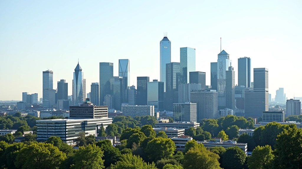 Moderne Skyline von Frankfurt mit Finanzgebäuden und wirtschaftlichem Zentrum, Luftaufnahme, Tageslicht, scharfer Fokus