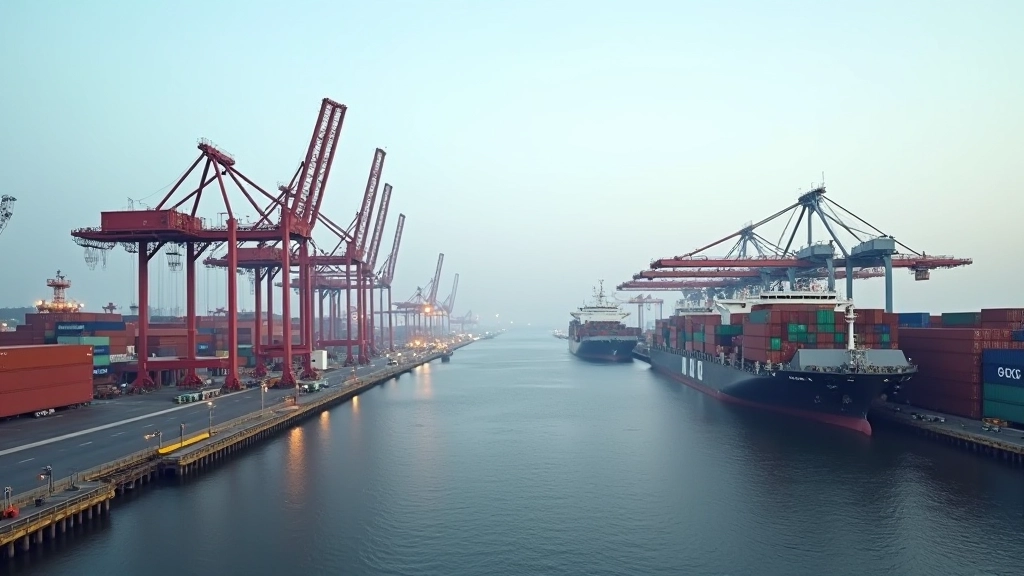 Hafenanlage mit Containerständern und Frachtschiffe, aktive Logistik