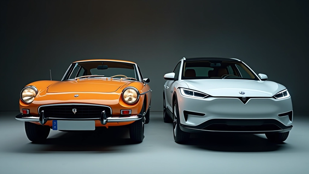 Klassisches Vintage-Auto aus den 1960ern neben modernem Elektrofahrzeug, Nebeneinander der Automobilgeschichte